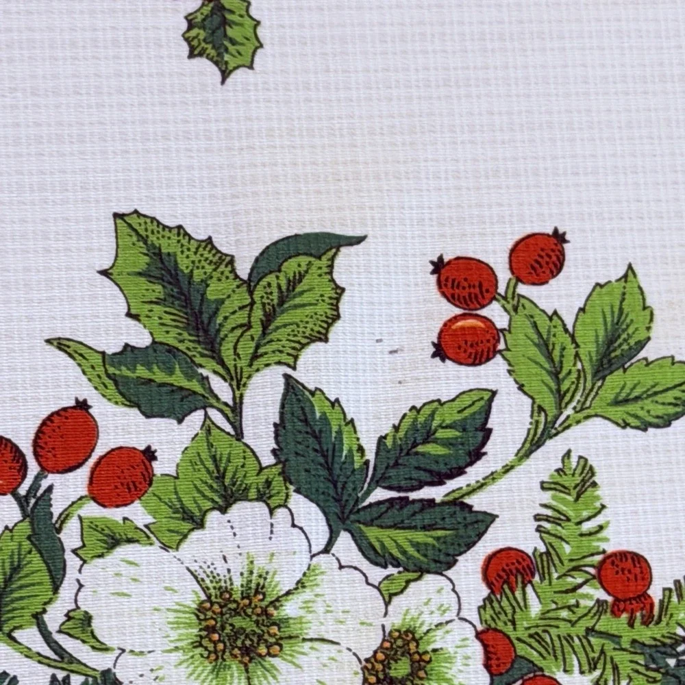 VTG Christmas Tablecloth 54x65 Poinsettia Holly Wreath Floral Holiday Red White